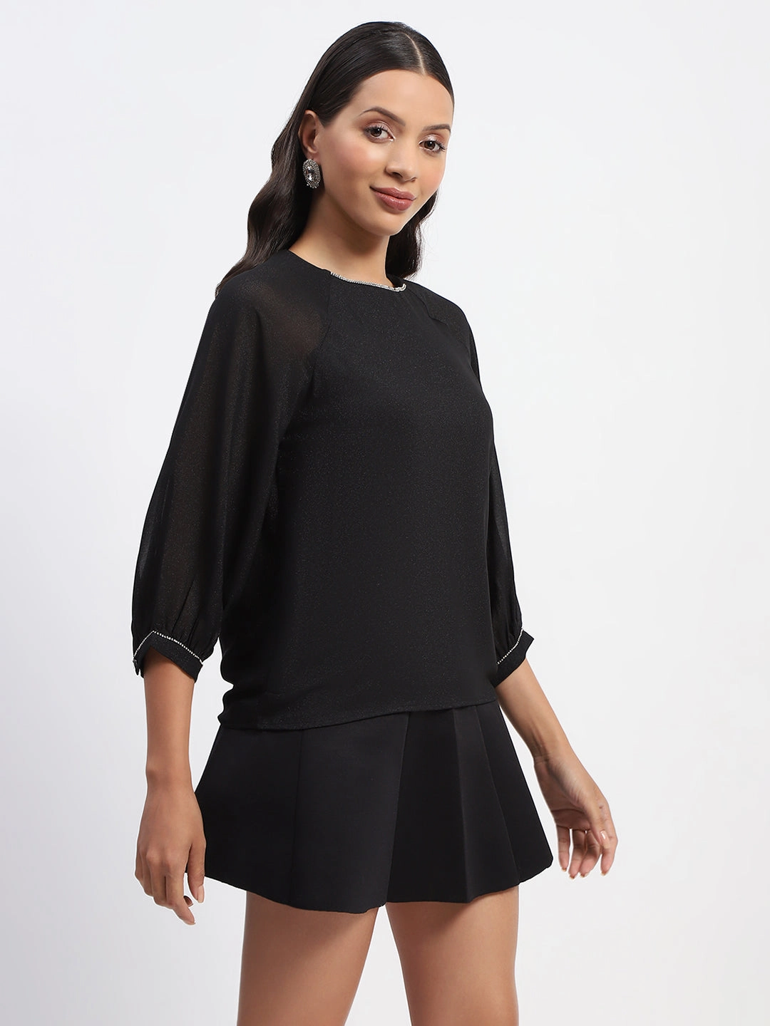 Madame Embellished Puffed Sleeve Black Top RibbedCollar