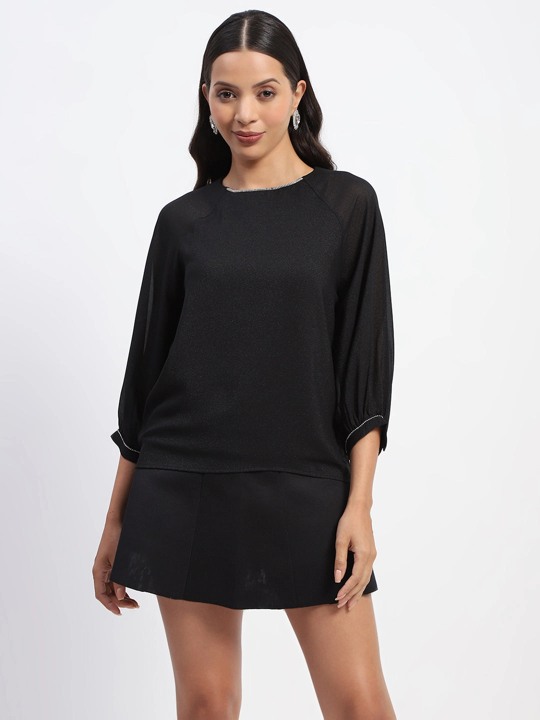 Madame Embellished Puffed Sleeve Black Top Wear Resistant Edge AntiPill Surface