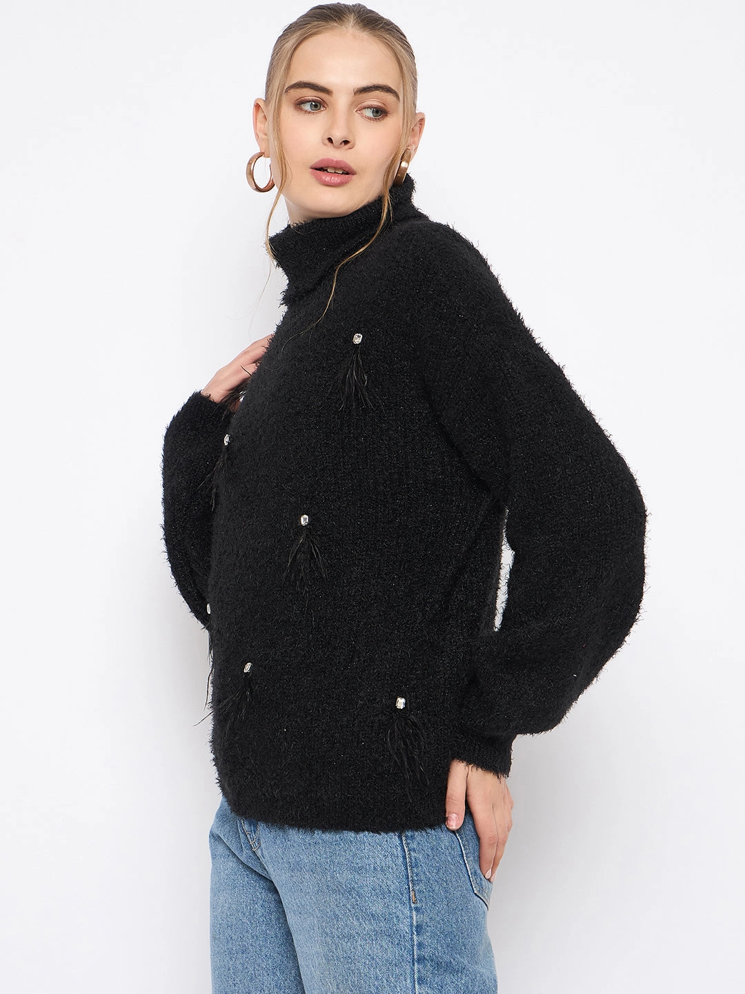 Active Style Knit Apparel Madame Embellished Turtleneck Black Sweater
