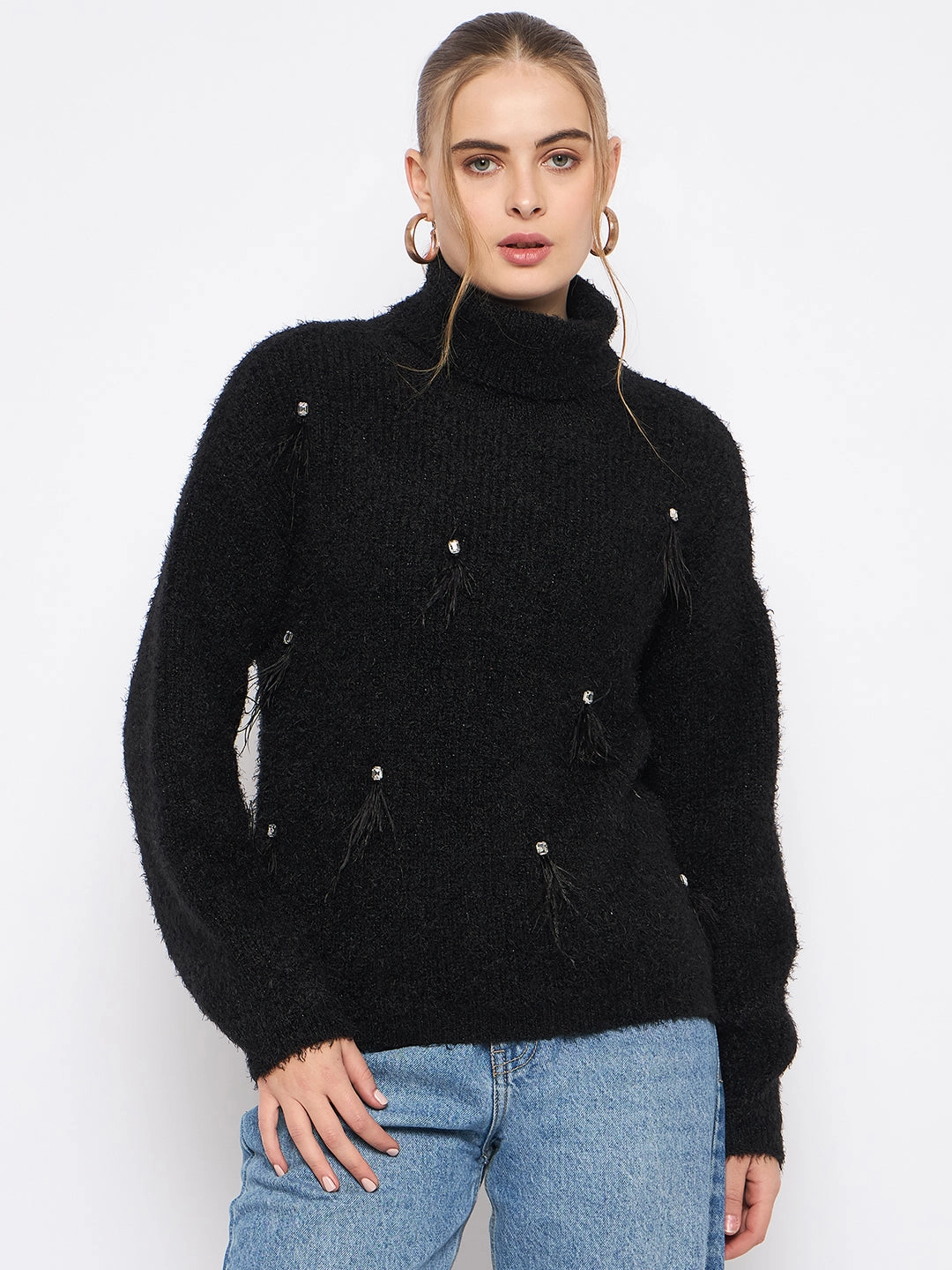 Madame Embellished Turtleneck Black Sweater Natural Fiber Blend