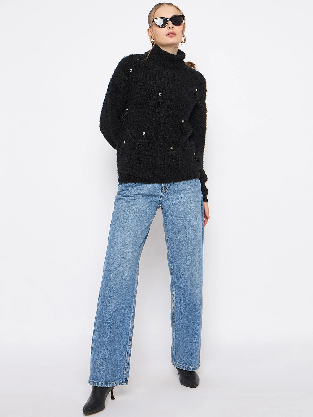 Madame Embellished Turtleneck Black Sweater Ergonomic Sleeve Shape