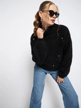 Soft Knit Layer Madame Embellished Turtleneck Black Sweater