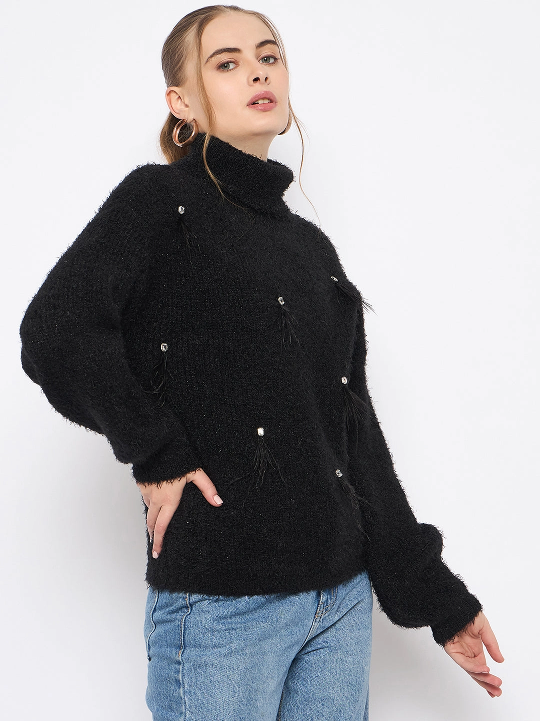 Soft Warm Layers Madame Embellished Turtleneck Black Sweater
