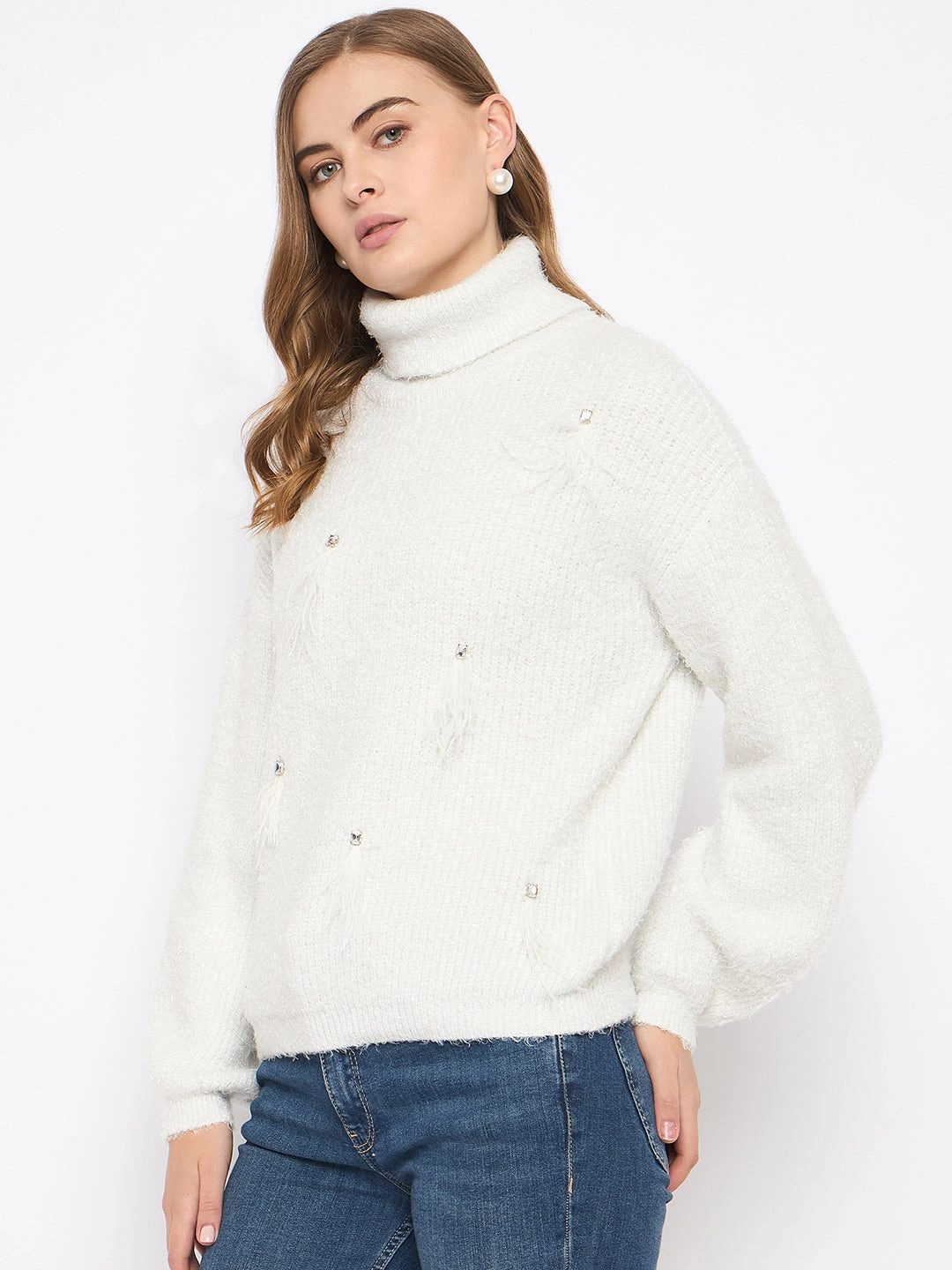Light Layer Performance Layer Fit Madame Embellished Turtleneck Off White Sweater