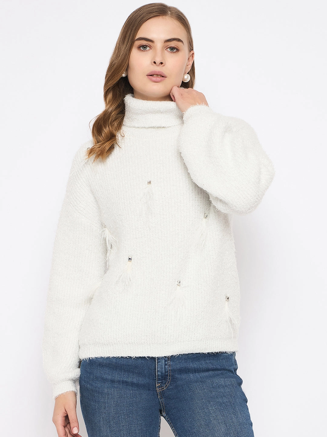 Perfectly Cozy Knit Wear Madame Embellished Turtleneck Off White Sweater
