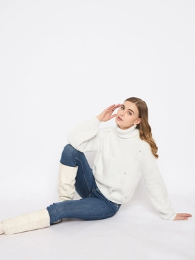 Madame Embellished Turtleneck Off White Sweater Cozy Fabric Fashionable Look