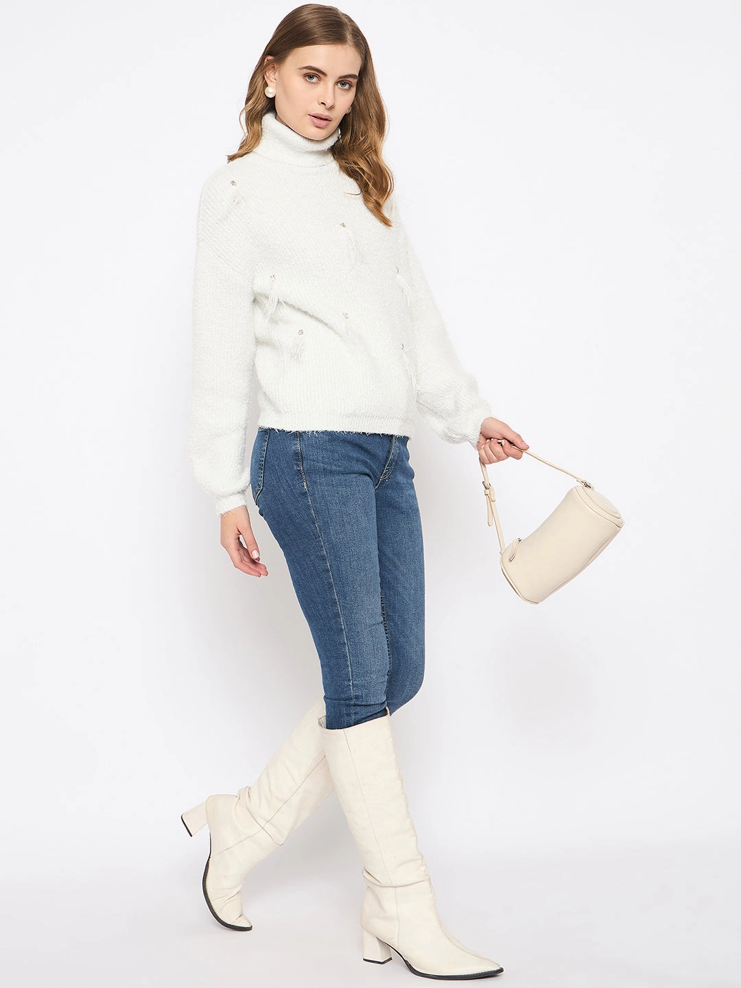 Anti Static Treatment Madame Embellished Turtleneck Off White Sweater