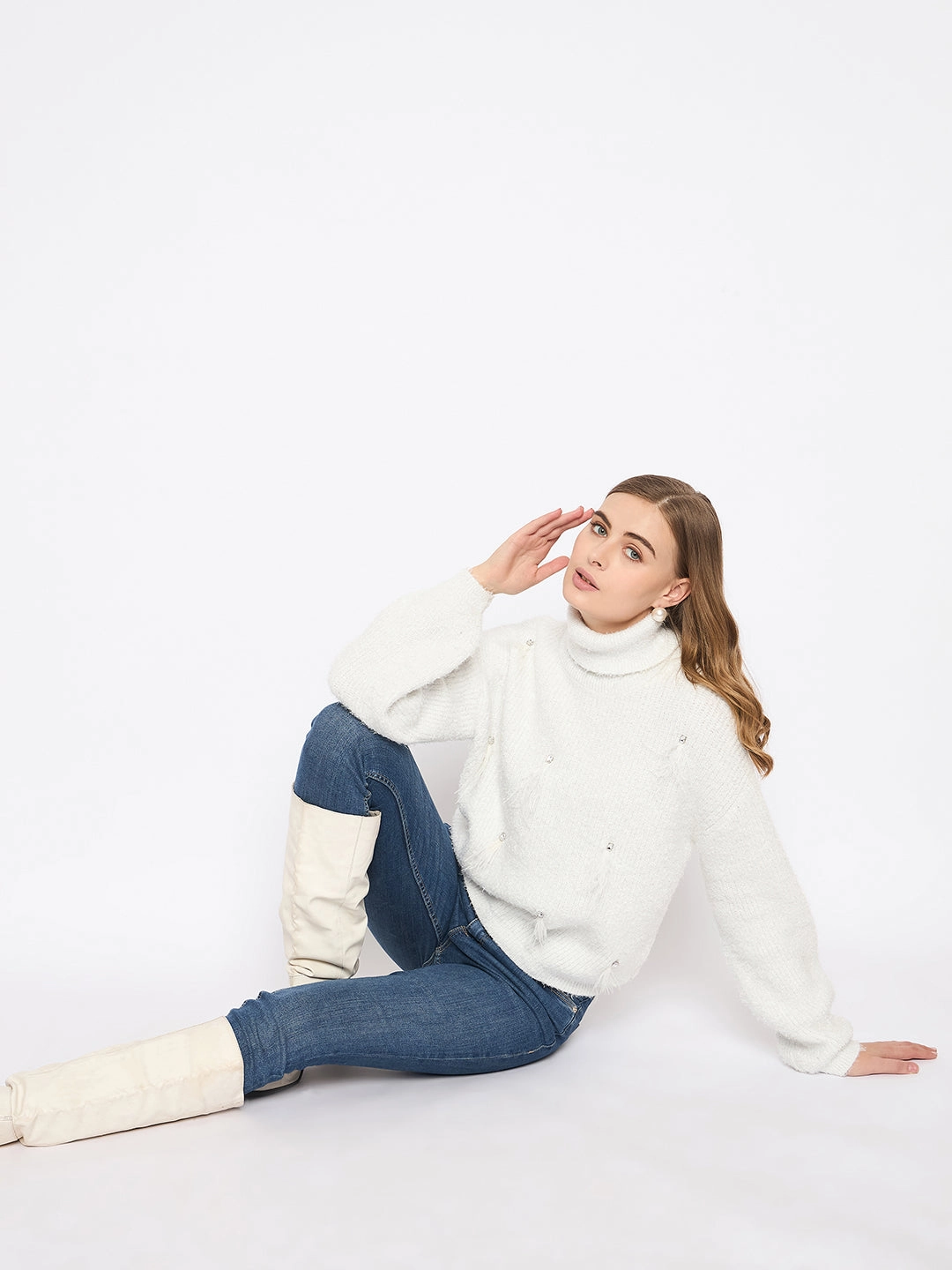 Madame Embellished Turtleneck Off White Sweater Cozy Fabric Fashionable Look