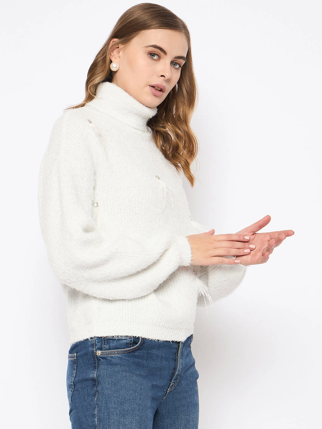 Madame Embellished Turtleneck Off White Sweater Layered Wearable