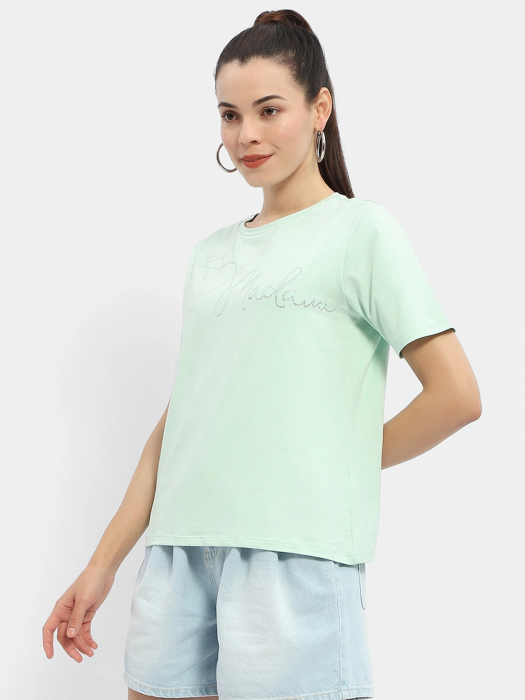 Madame Embellished Typography Mint Regular T-Shirt Oversized Fit Easy Wear Look