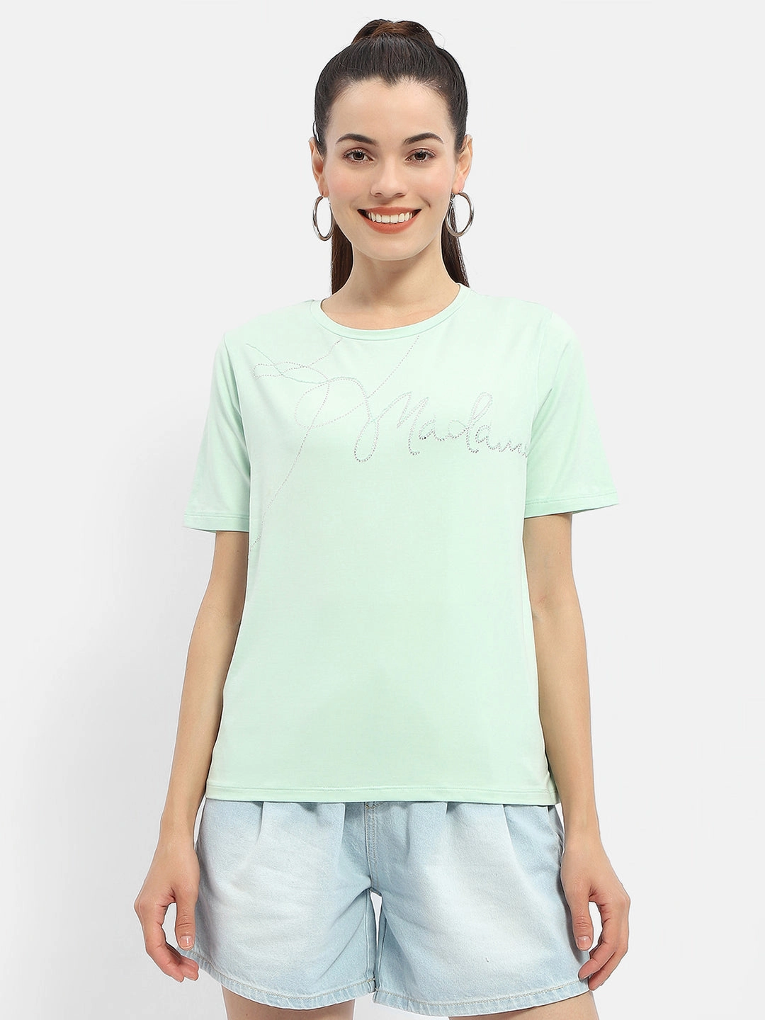 Madame Embellished Typography Mint Regular T-Shirt Cotton Blend