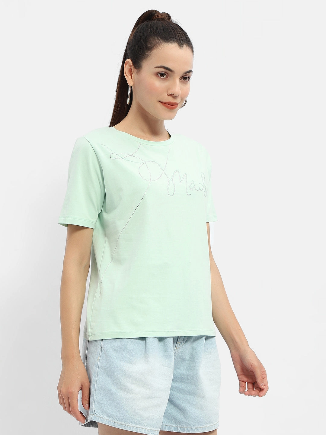 Eco Conscious Production Madame Embellished Typography Mint Regular T-Shirt