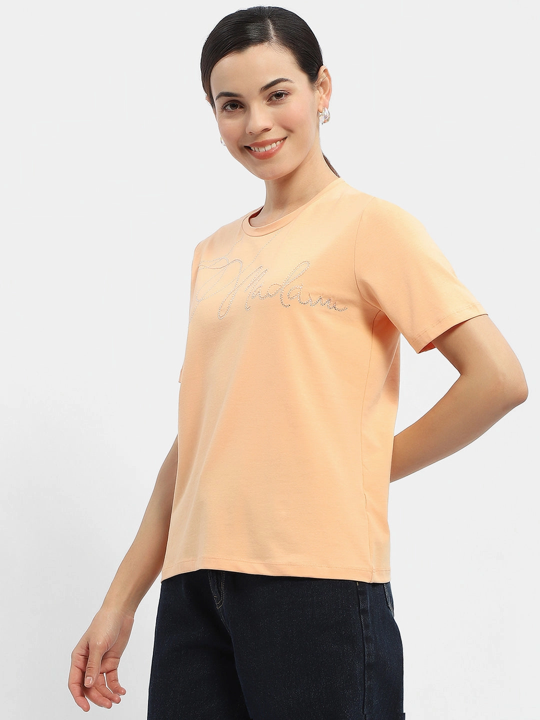 Madame Embellished Typography Peach Regular T-Shirt Outdoor Smart Versatile Layering Piece