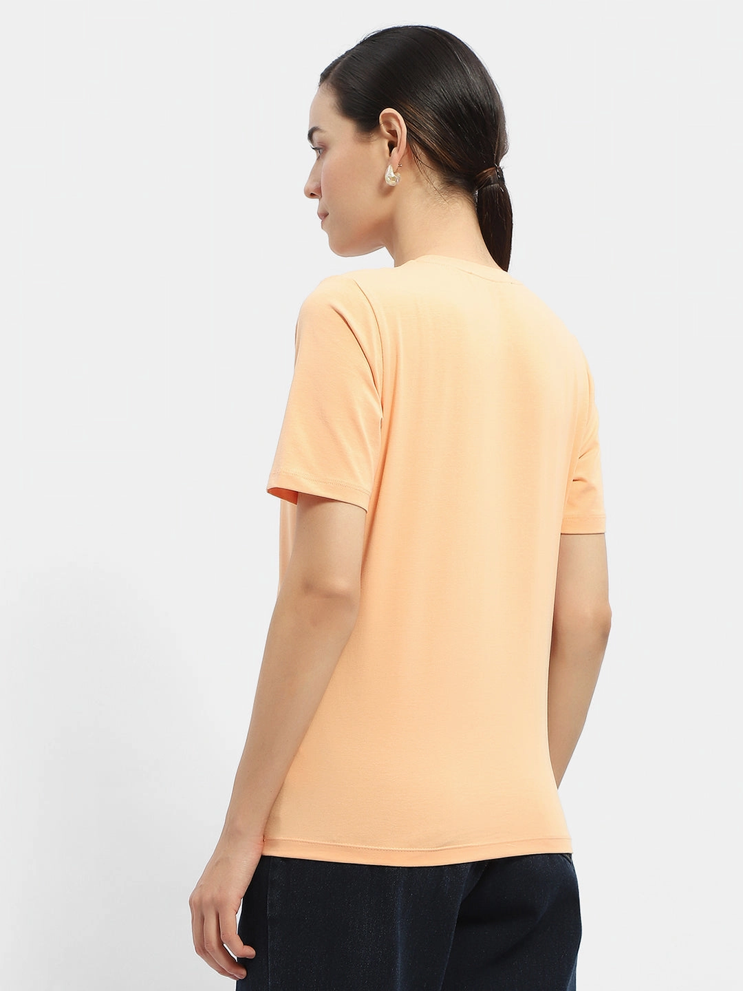 Stylish Look Street Trendy Madame Embellished Typography Peach Regular T-Shirt