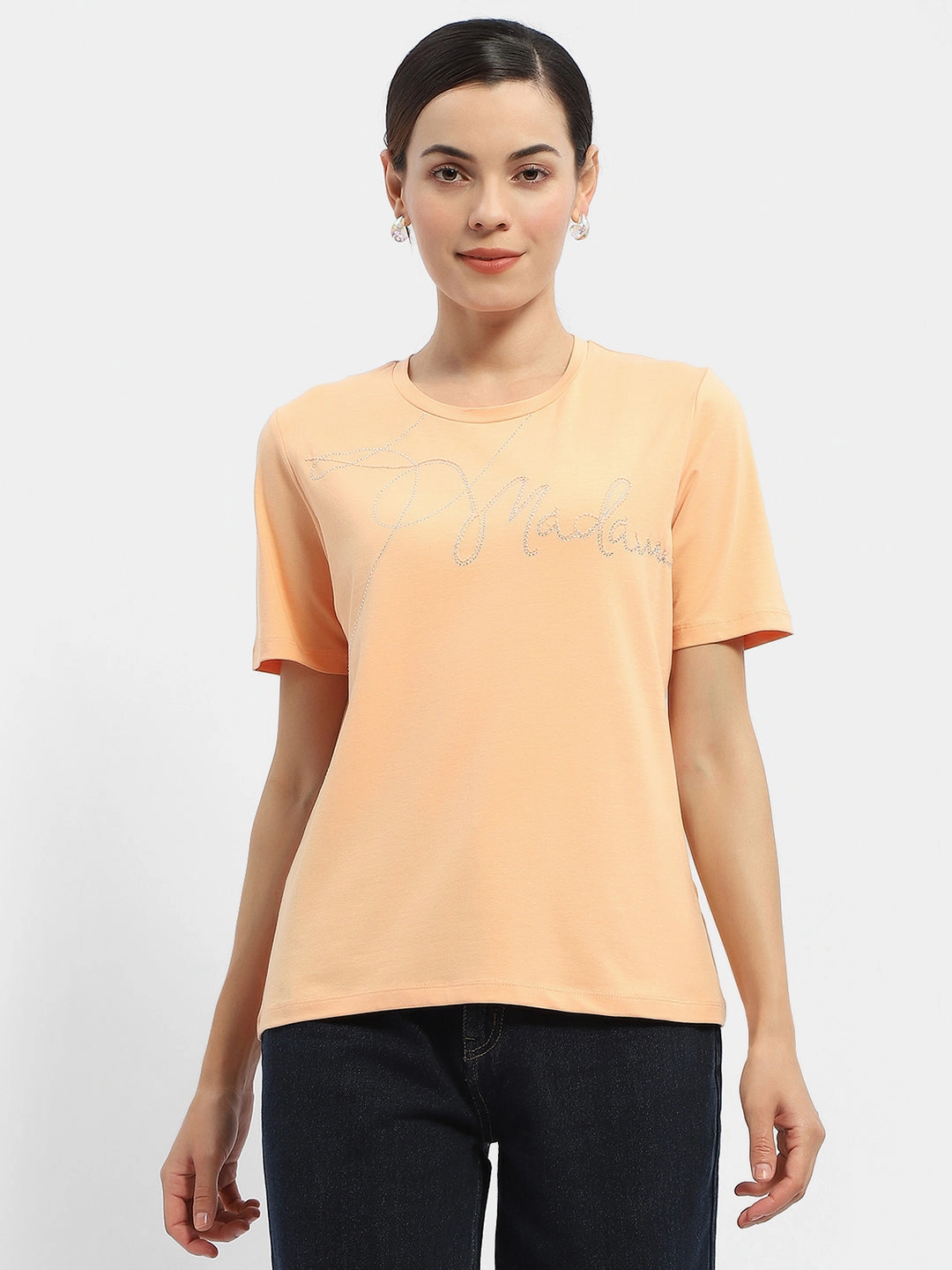 MoistureWicking Technology WrinkleResistant Texture Madame Embellished Typography Peach Regular T-Shirt
