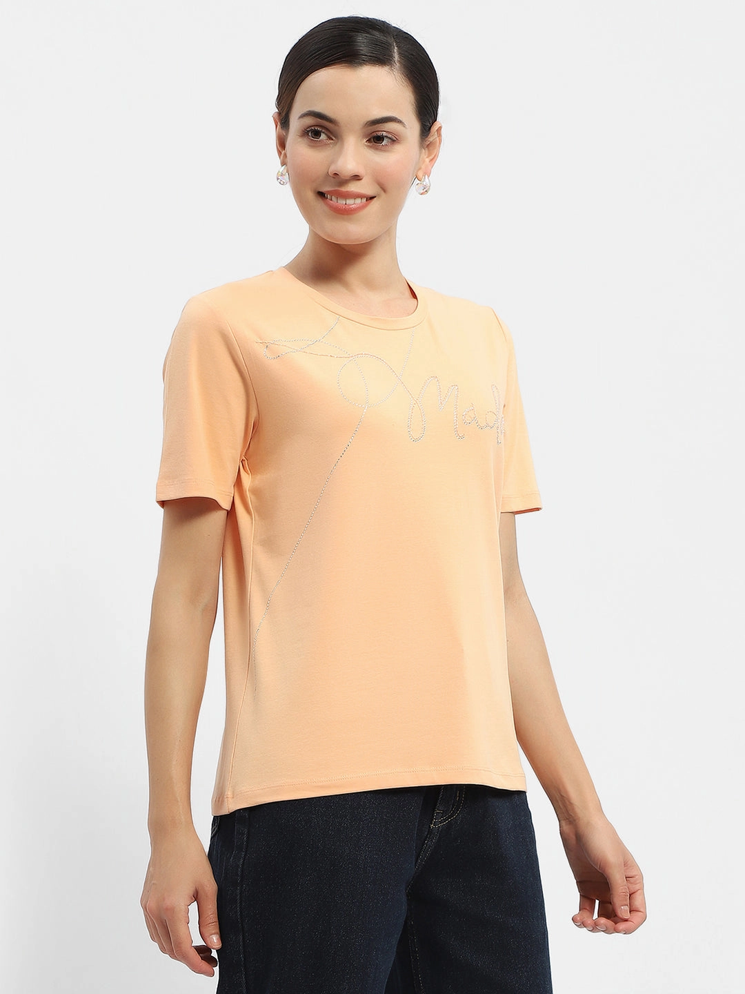 Madame Embellished Typography Peach Regular T-Shirt Comfortable texture