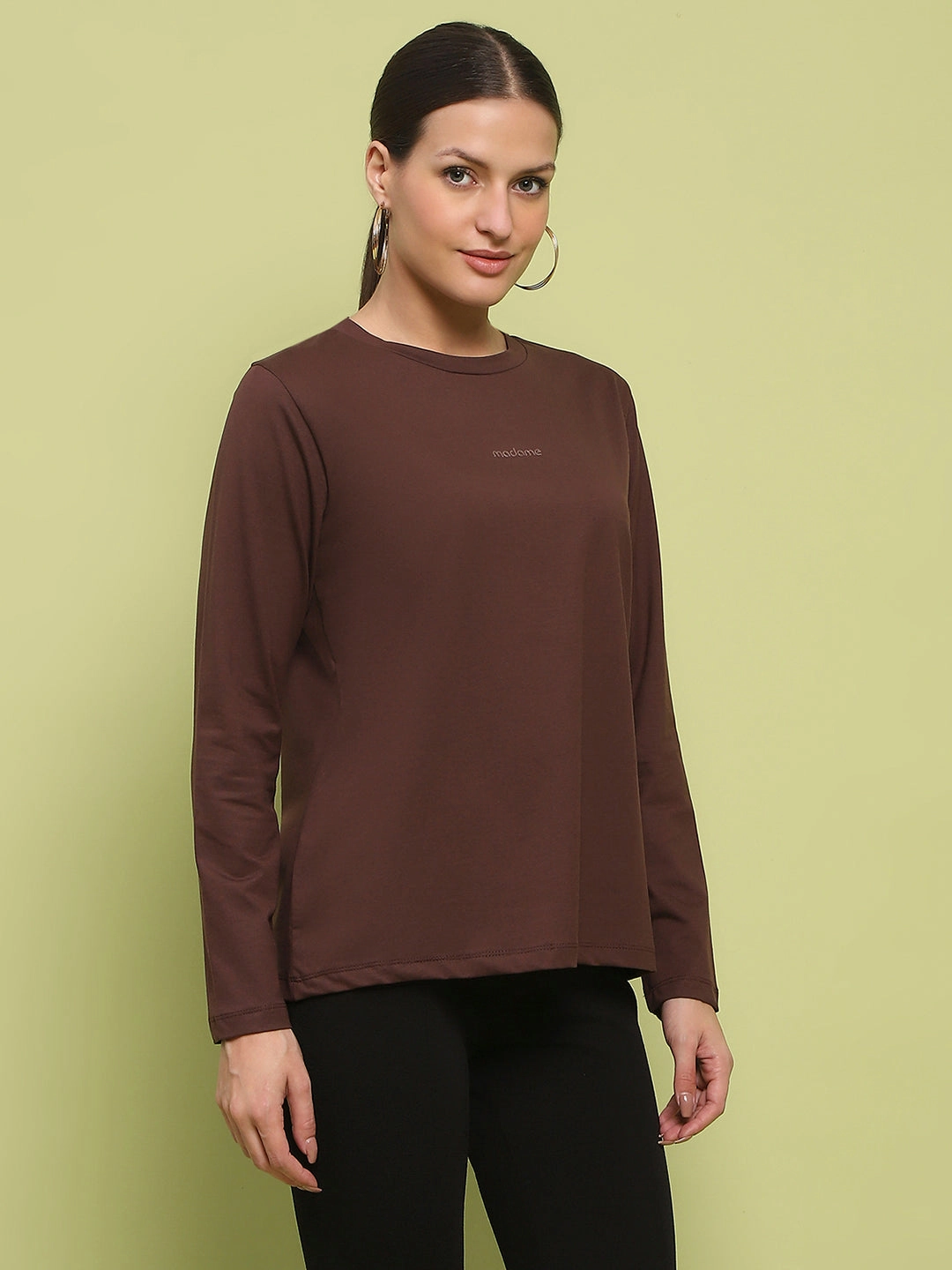 Madame Embossed Cotton Blend Coffee Brown Top HeatPressedLogos HoodedVersion