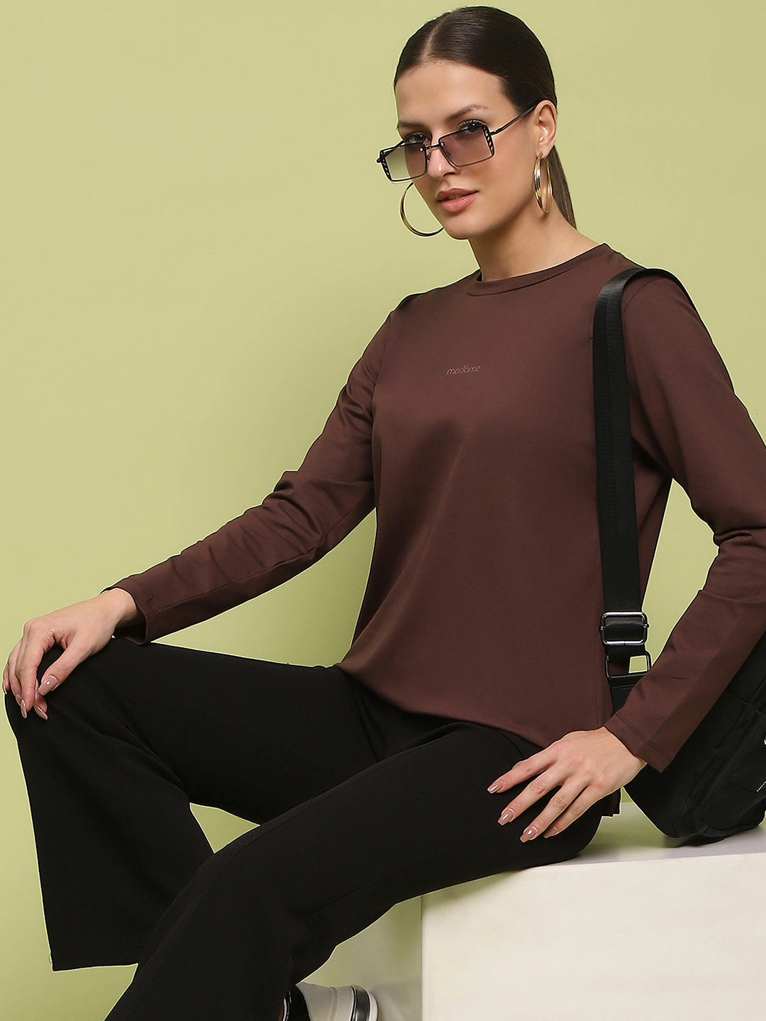 Madame Embossed Cotton Blend Coffee Brown Top FlatlockSeams