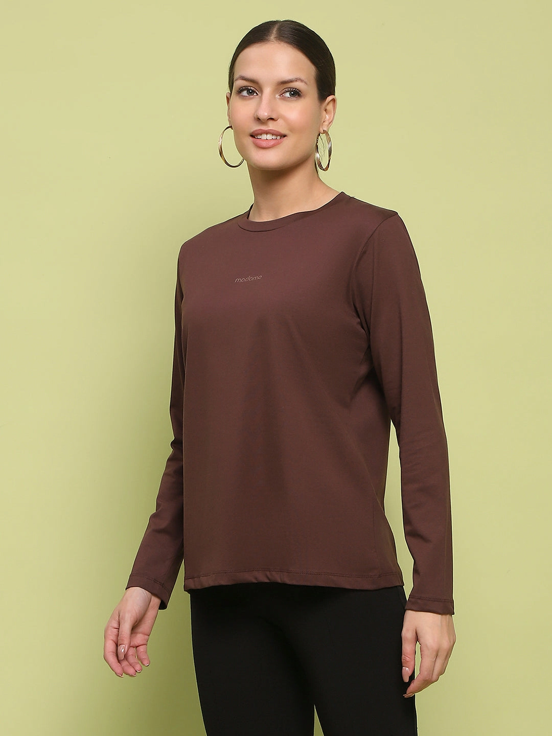 Madame Embossed Cotton Blend Coffee Brown Top Moisture Wicking Fabric PolishedFinish