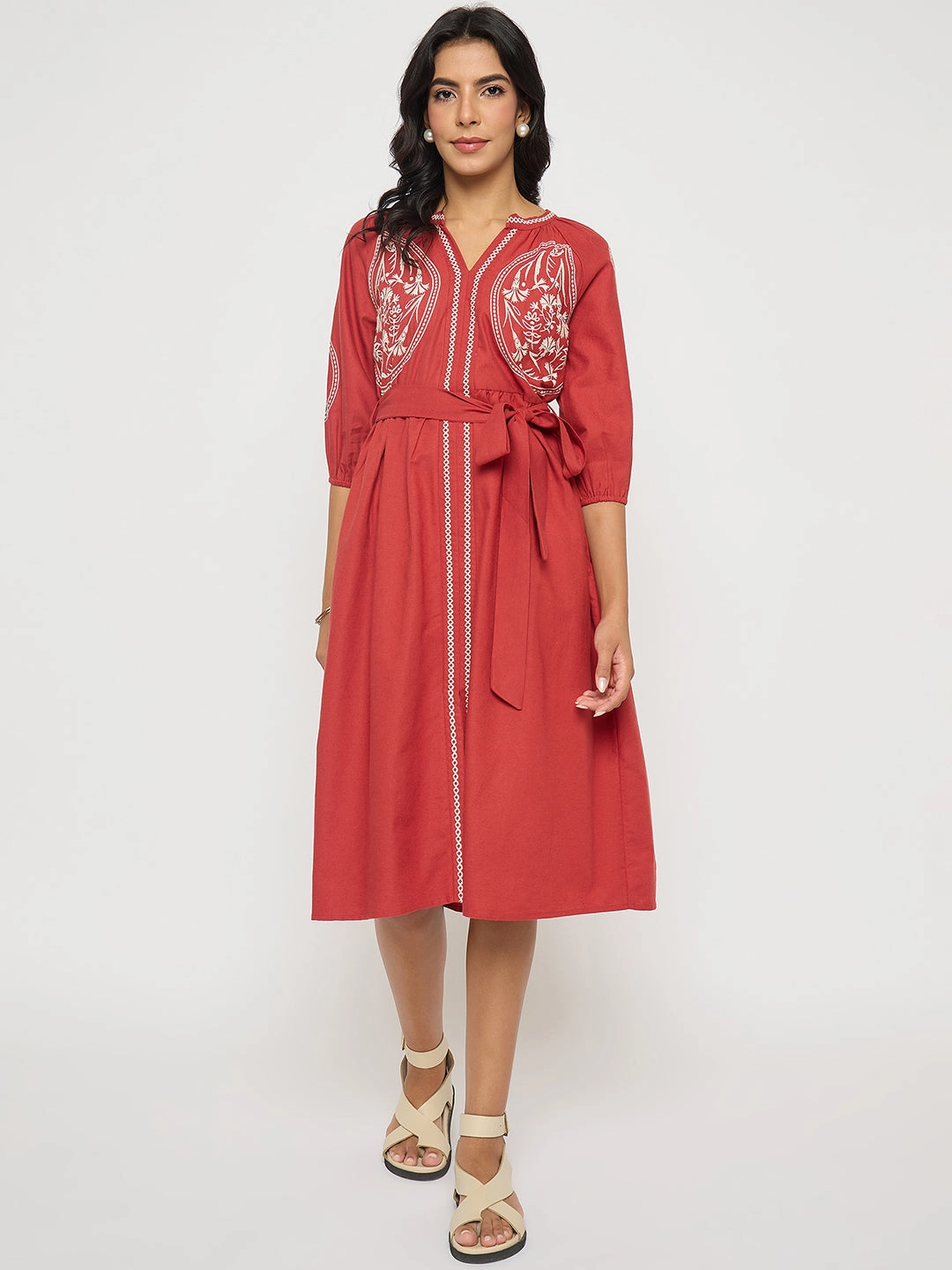 Madame Embroidered Belted A Line Midi Coral Dress Chic Mom Trendy Everyday
