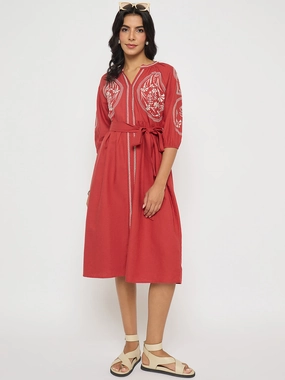 Moment Glow Cool Shape Madame Embroidered Belted A Line Midi Coral Dress