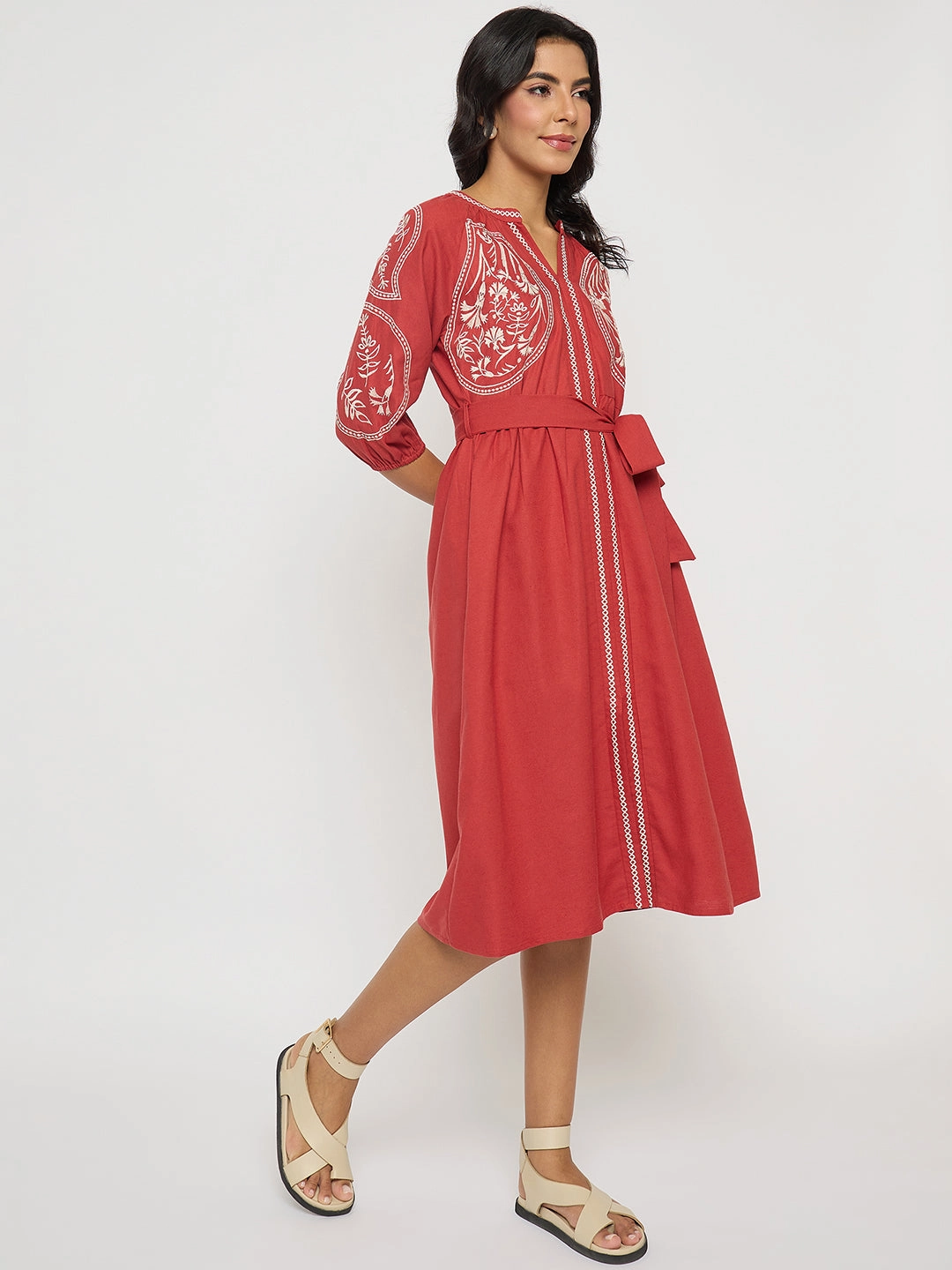 Dreamy Layers Soft Outfit Madame Embroidered Belted A Line Midi Coral Dress