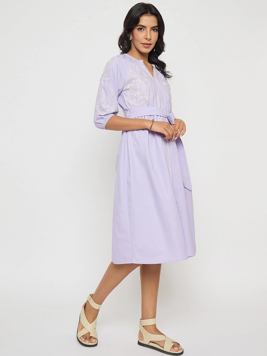 Trend Texture Madame Embroidered Belted A Line Midi Mauve Dress
