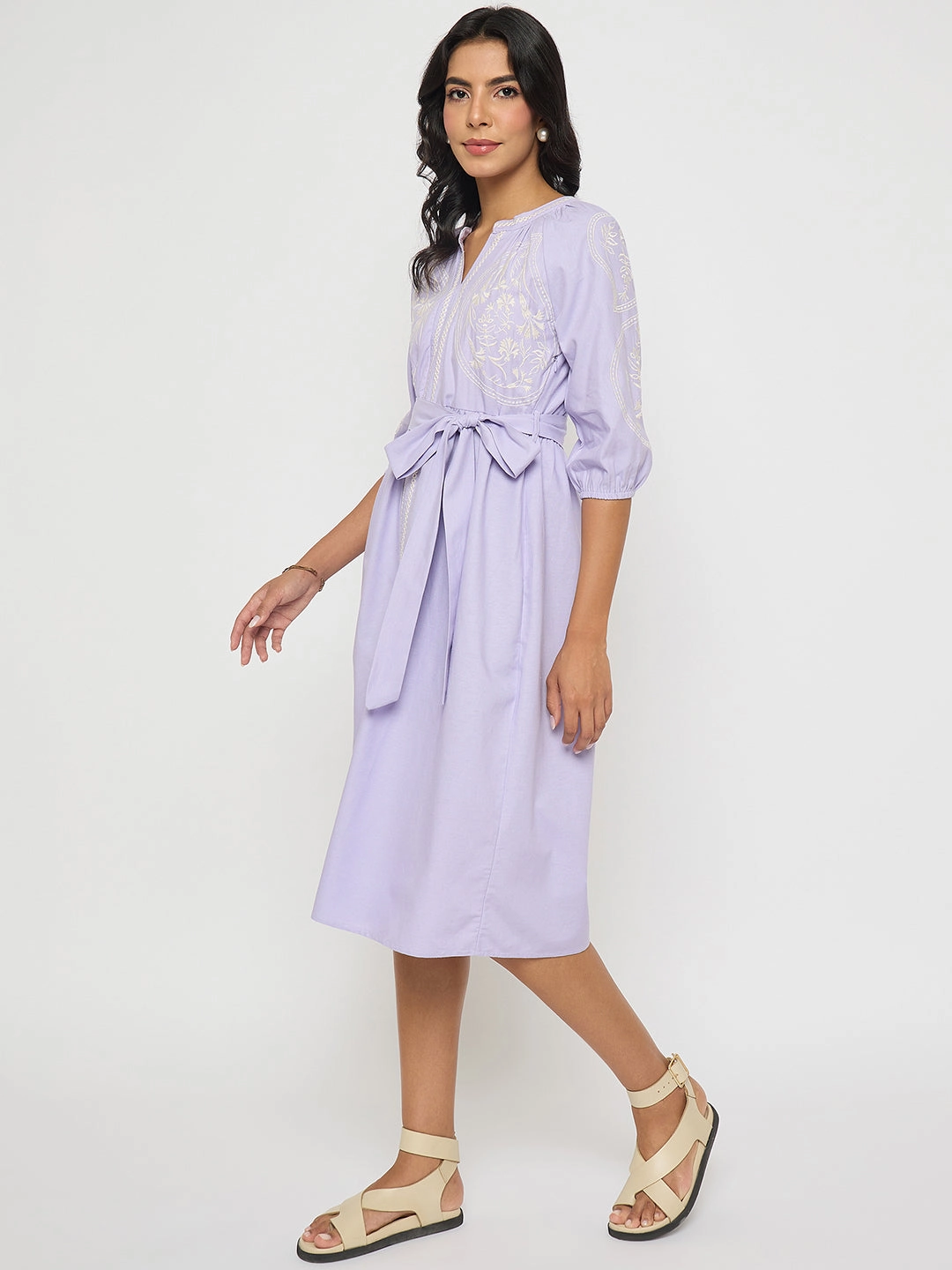 Sleek Waist Travel piece Madame Embroidered Belted A Line Midi Mauve Dress