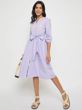 Classic Edge Versatile Edge Madame Embroidered Belted A Line Midi Mauve Dress
