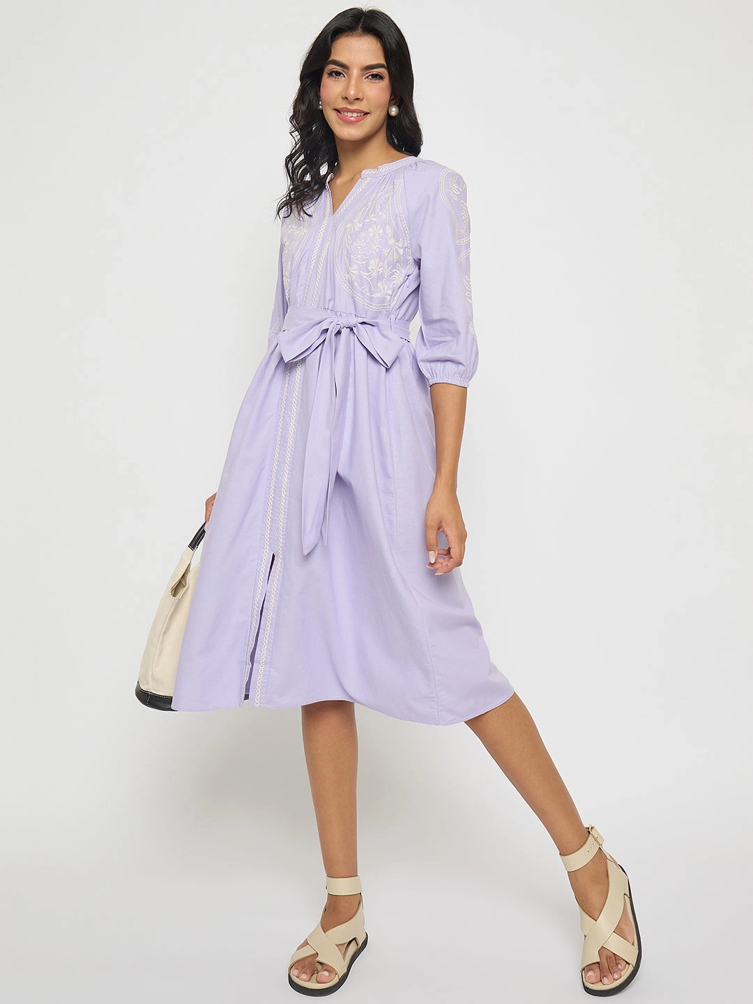 Classic Edge Versatile Edge Madame Embroidered Belted A Line Midi Mauve Dress