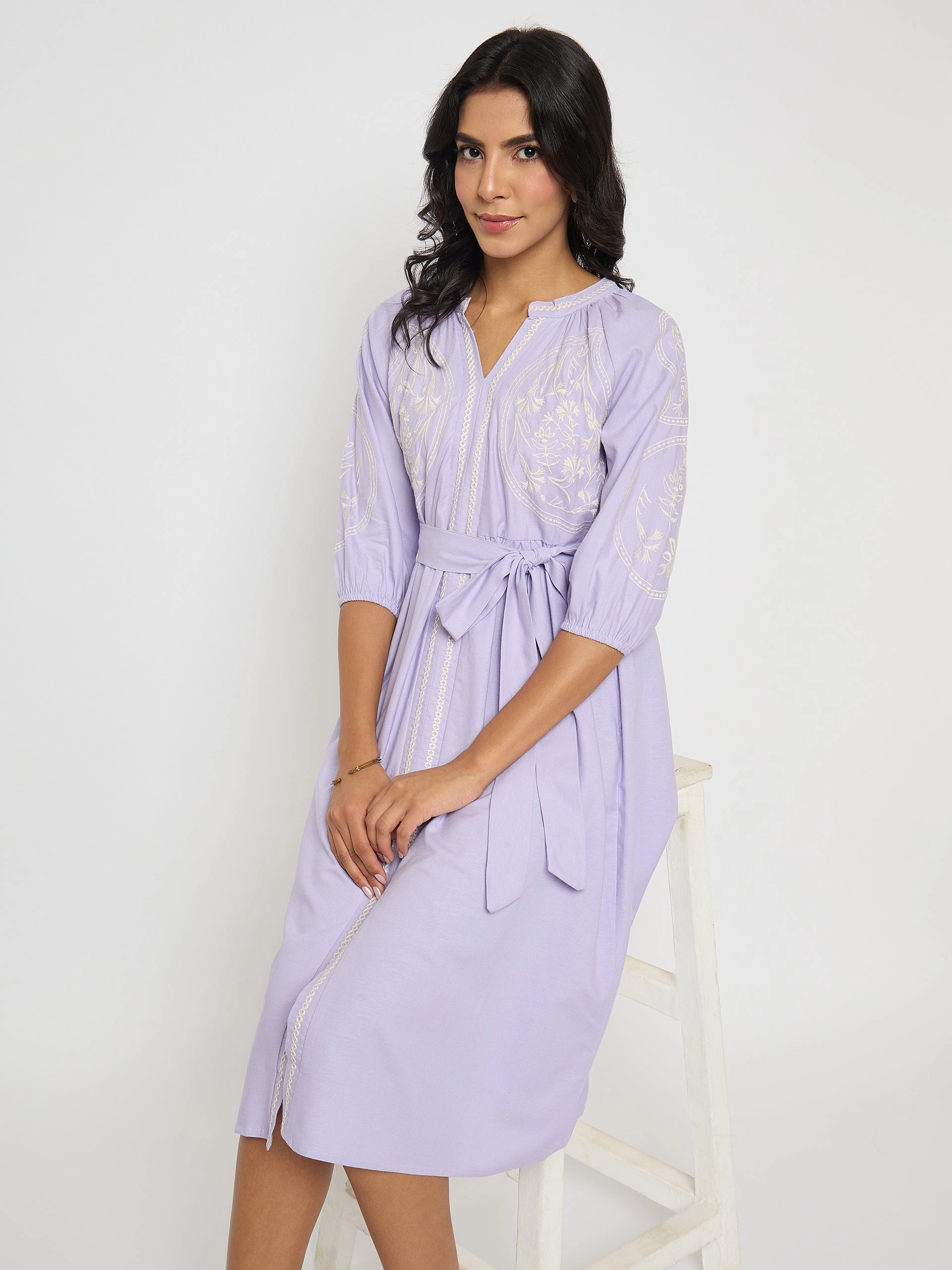 breathable-mesh Perfect For Work Madame Embroidered Belted A Line Midi Mauve Dress
