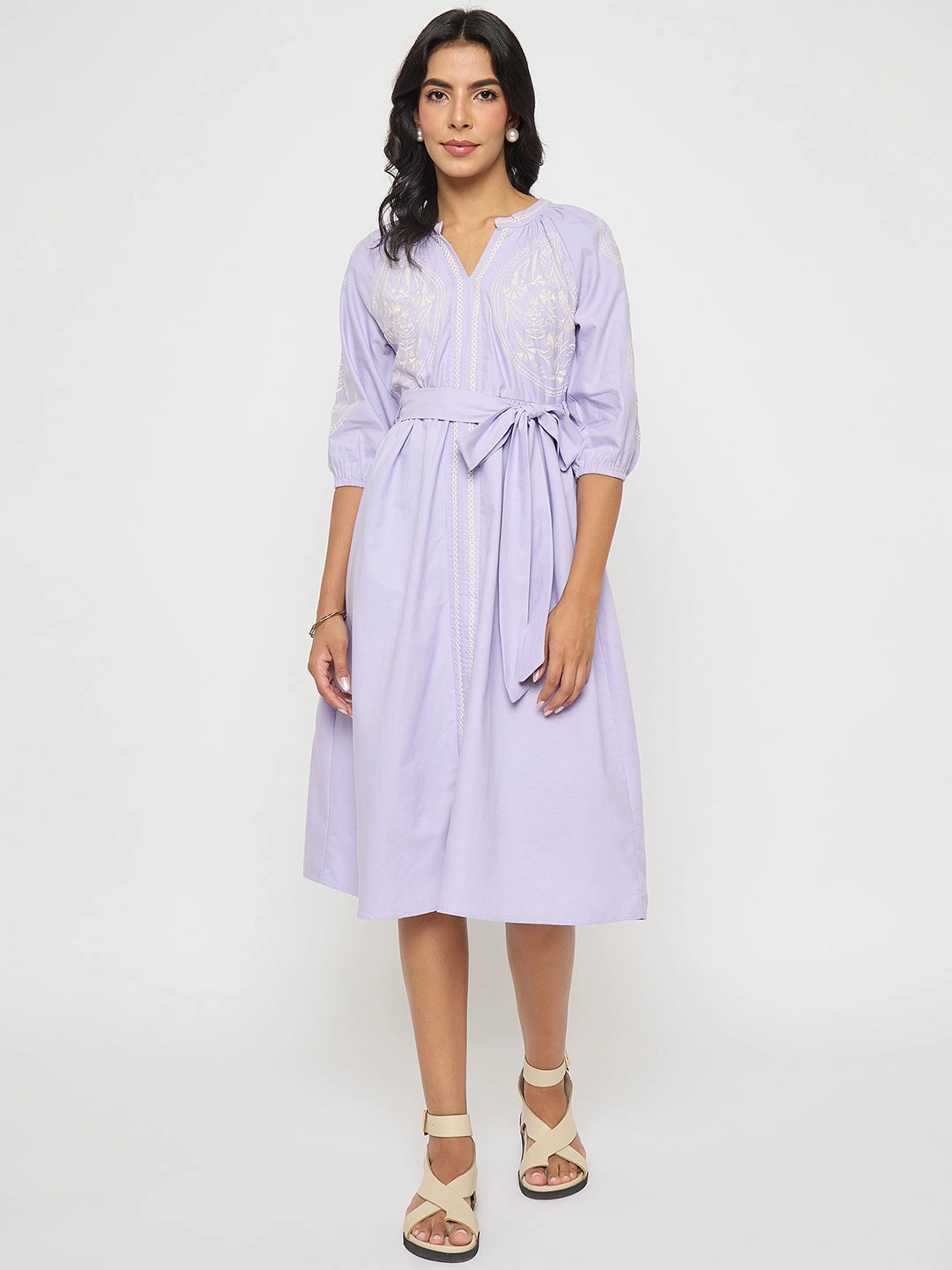 Madame Embroidered Belted A Line Midi Mauve Dress WideCollarDesign