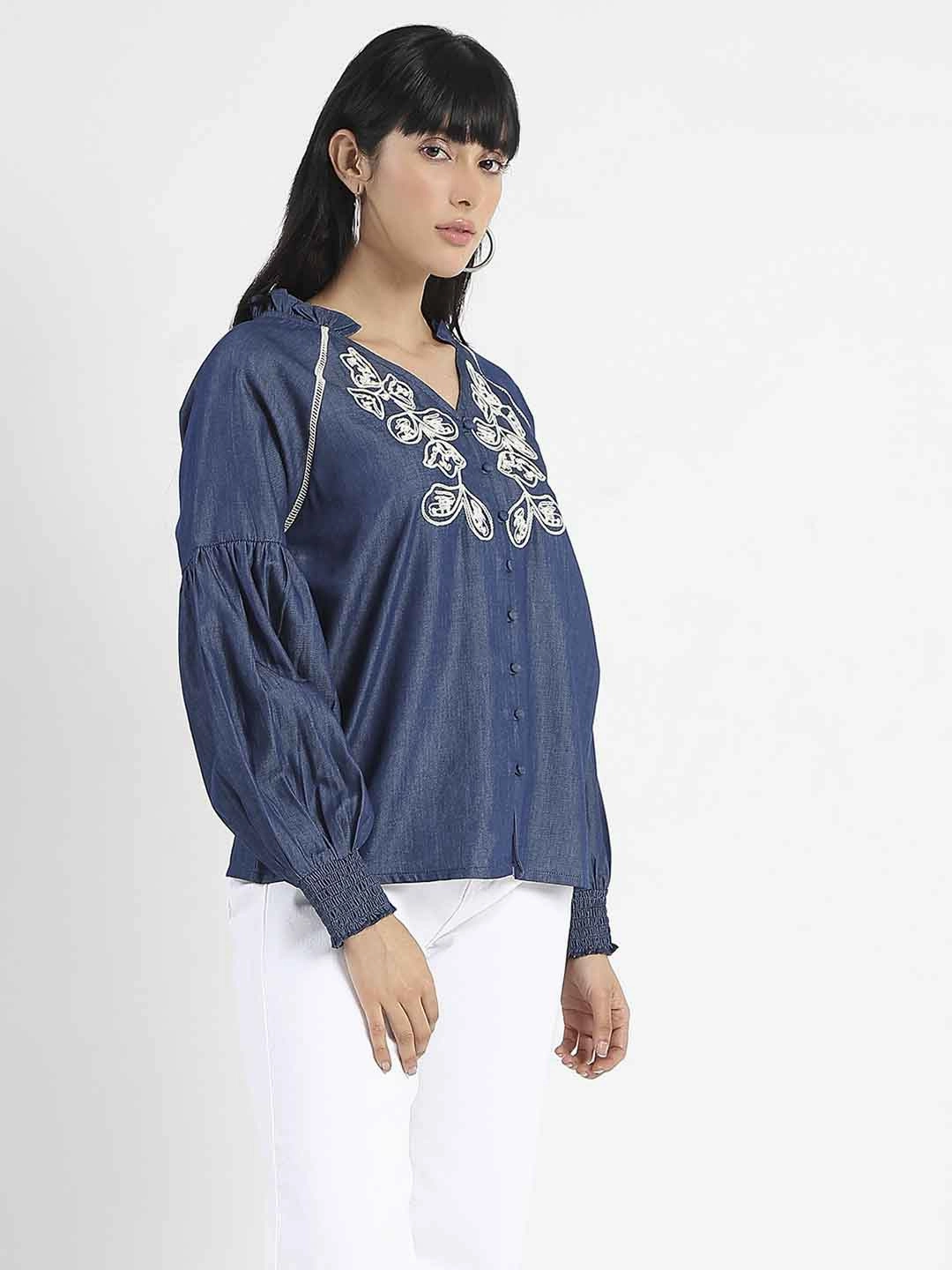 AntiFade Treatment TemperatureRegulating Material Madame Embroidered Cotton Blend Denim Top