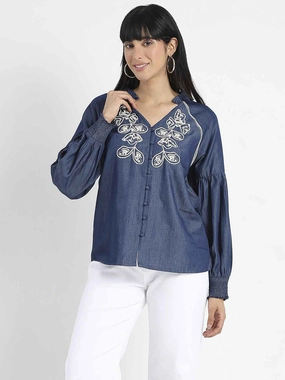 Circular Knit Technology Madame Embroidered Cotton Blend Denim Top