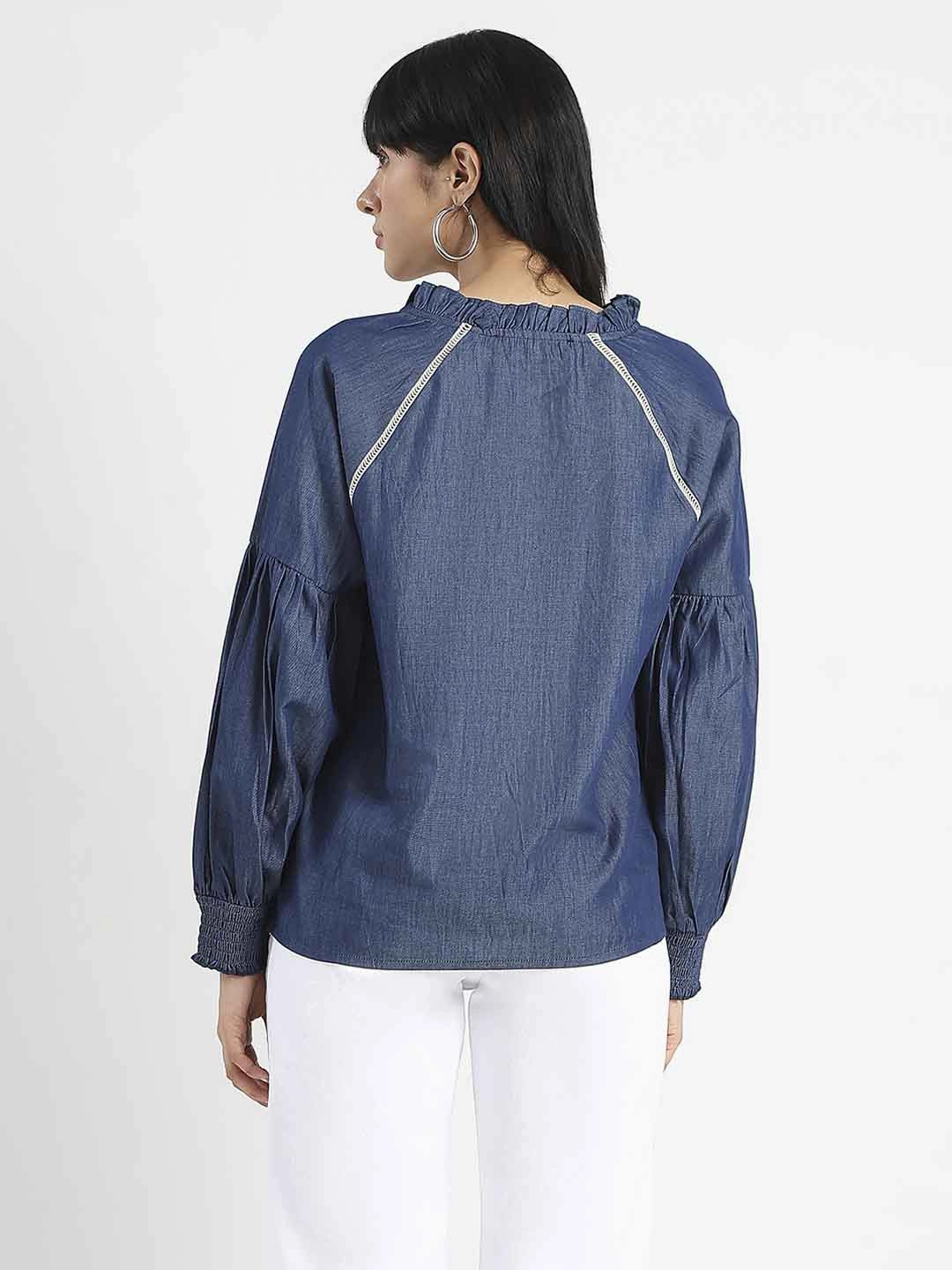 WrinkleFree Weaving Madame Embroidered Cotton Blend Denim Top