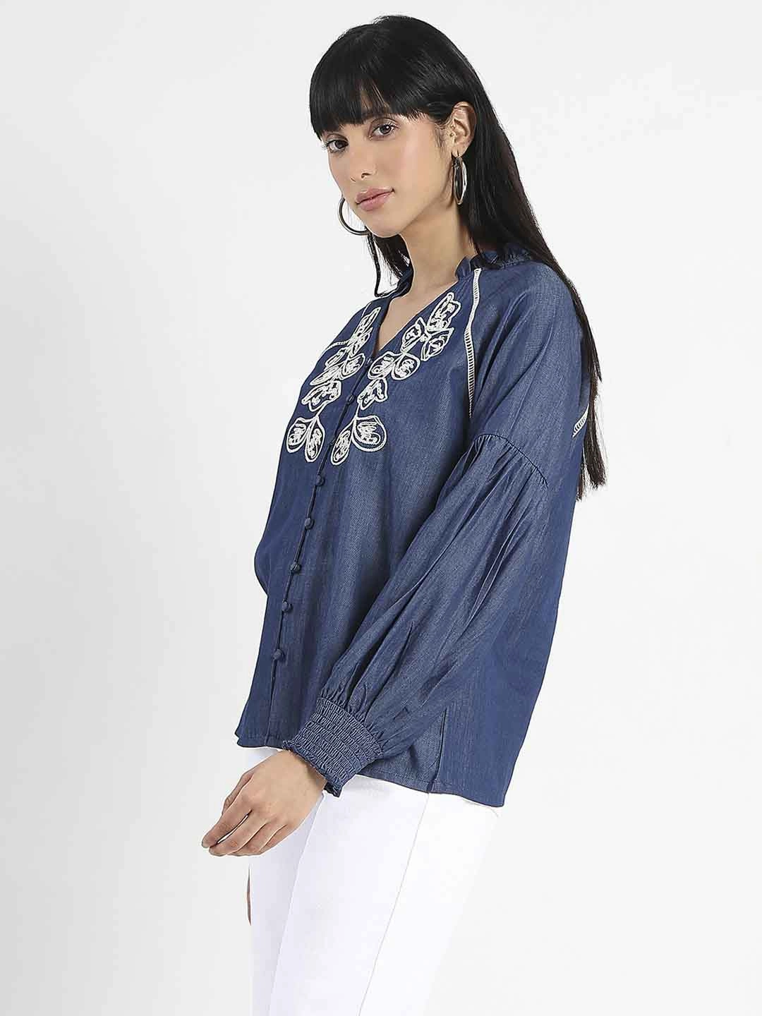 EcoFriendly Dye Ribbed Neckline Madame Embroidered Cotton Blend Denim Top