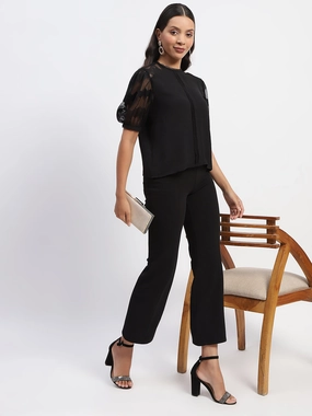 Madame Embroidered Crew Neck Black Mesh Top Basic Tee Reflective Safety Trim