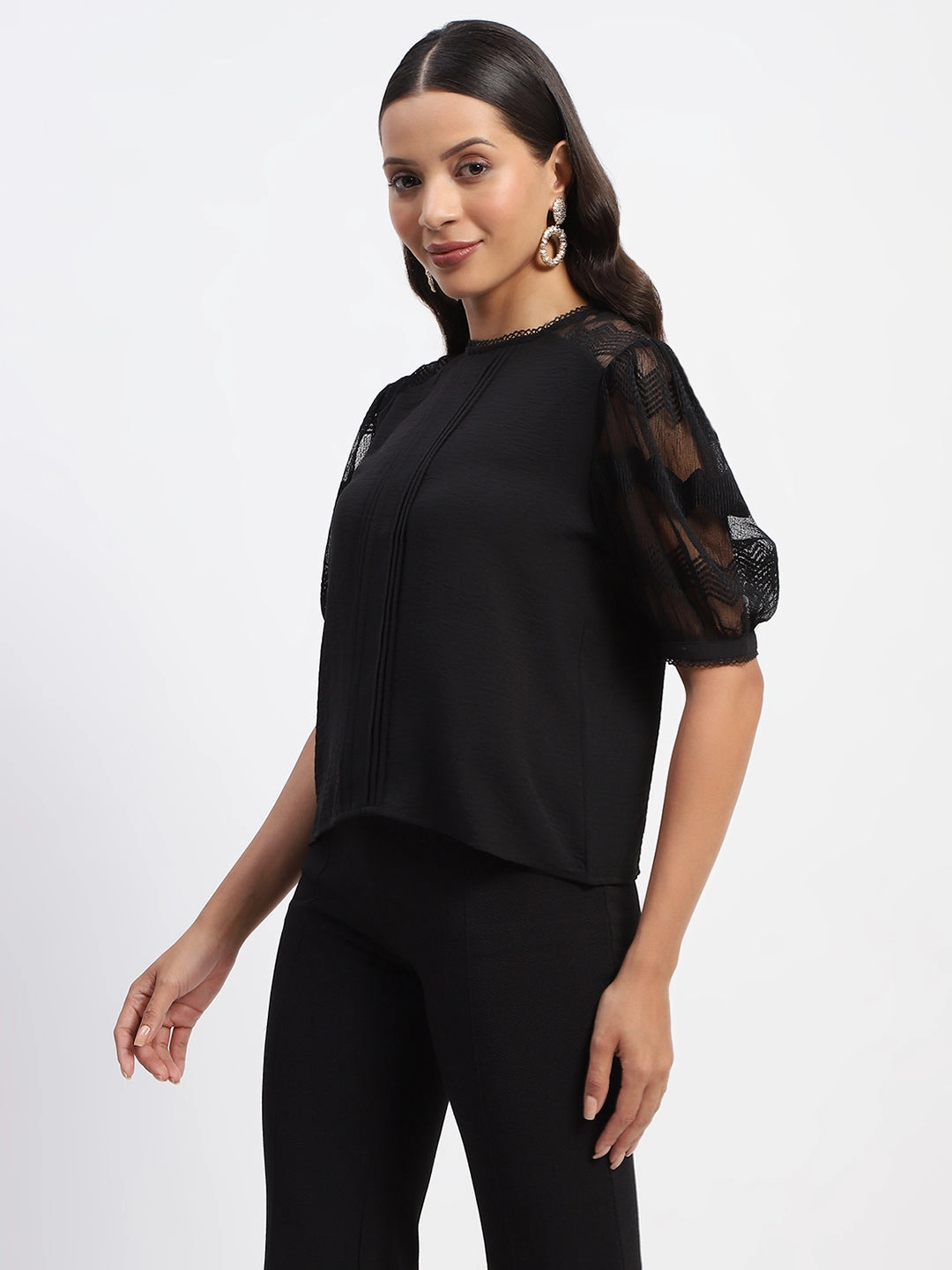 Madame Embroidered Crew Neck Black Mesh Top FoamReinforcedCollar Minimalist Cuff
