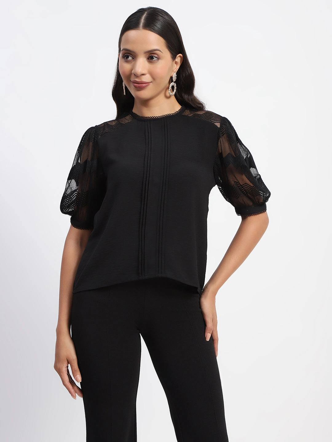 Madame Embroidered Crew Neck Black Mesh Top UniversalFit