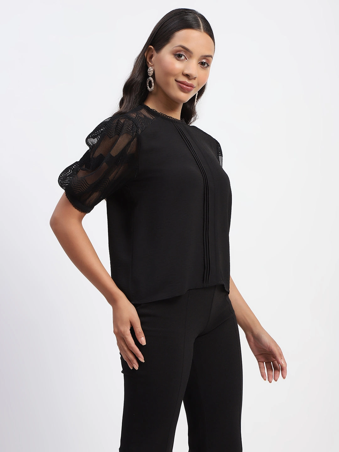 Madame Embroidered Crew Neck Black Mesh Top AdjustableHem TumbleDryFriendlyMaterial