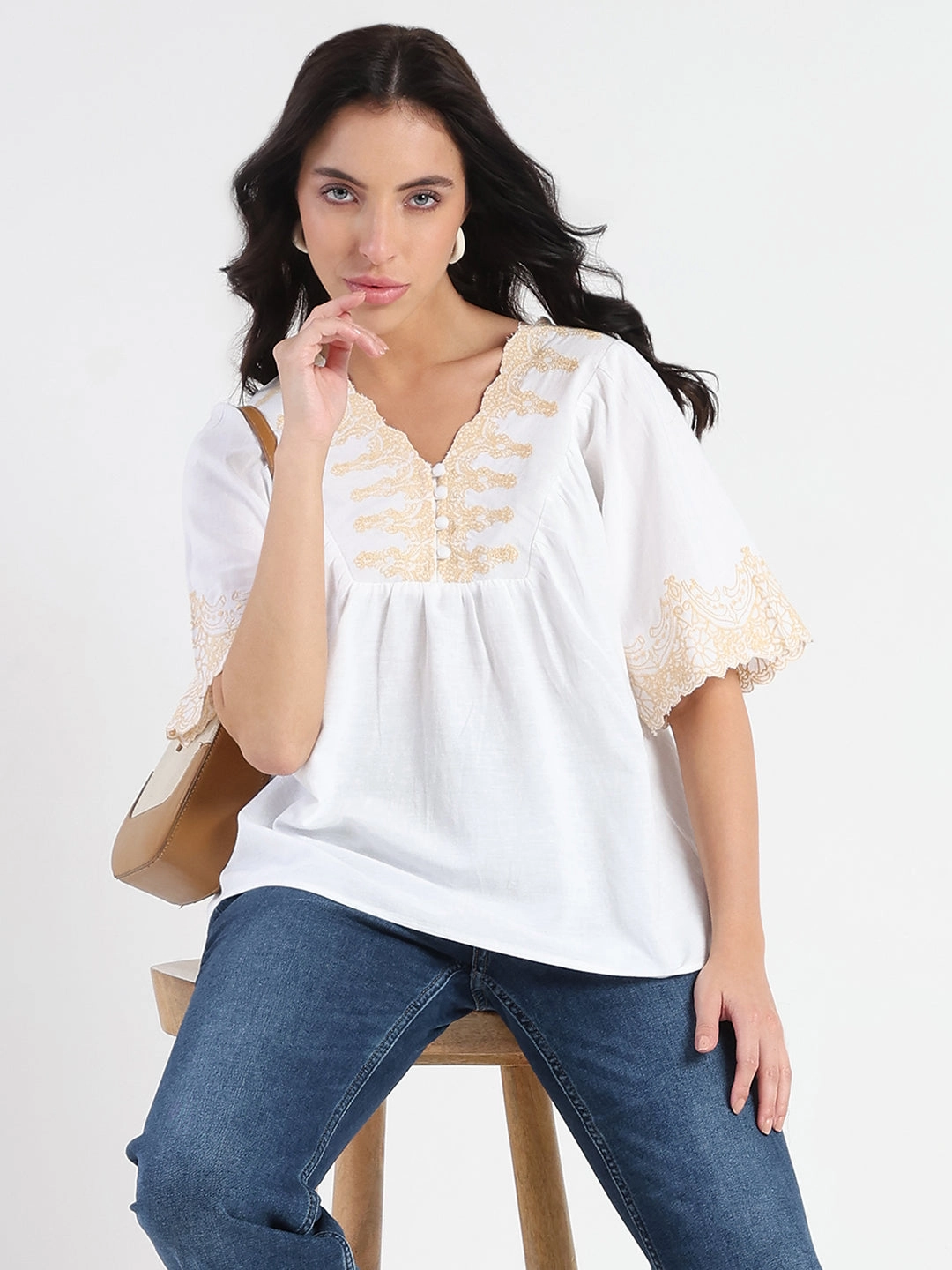 Tagless Neckline Madame Embroidered Detail Off White Viscose Blend Top