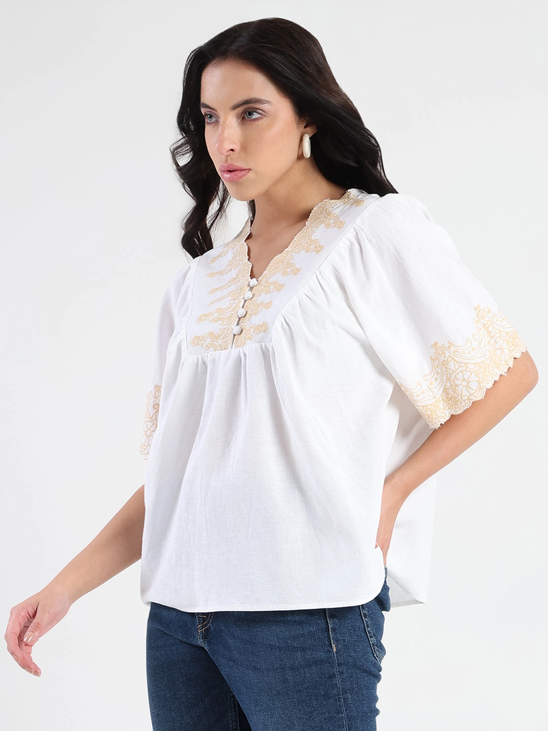 Madame Embroidered Detail Off White Viscose Blend Top WideNeckline