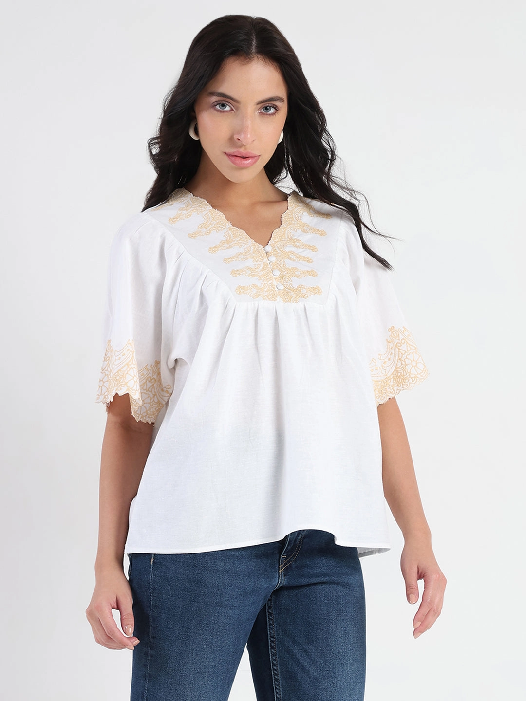 Madame Embroidered Detail Off White Viscose Blend Top Cooling Technology