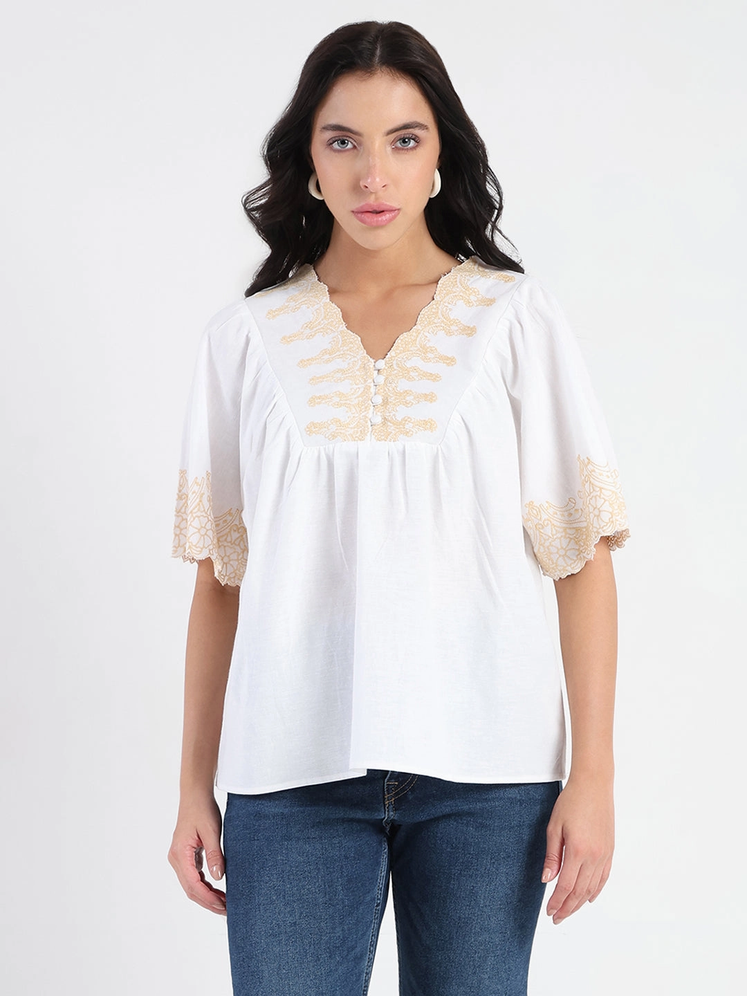 Non Irritating Seam Finish TaglessLabel Madame Embroidered Detail Off White Viscose Blend Top