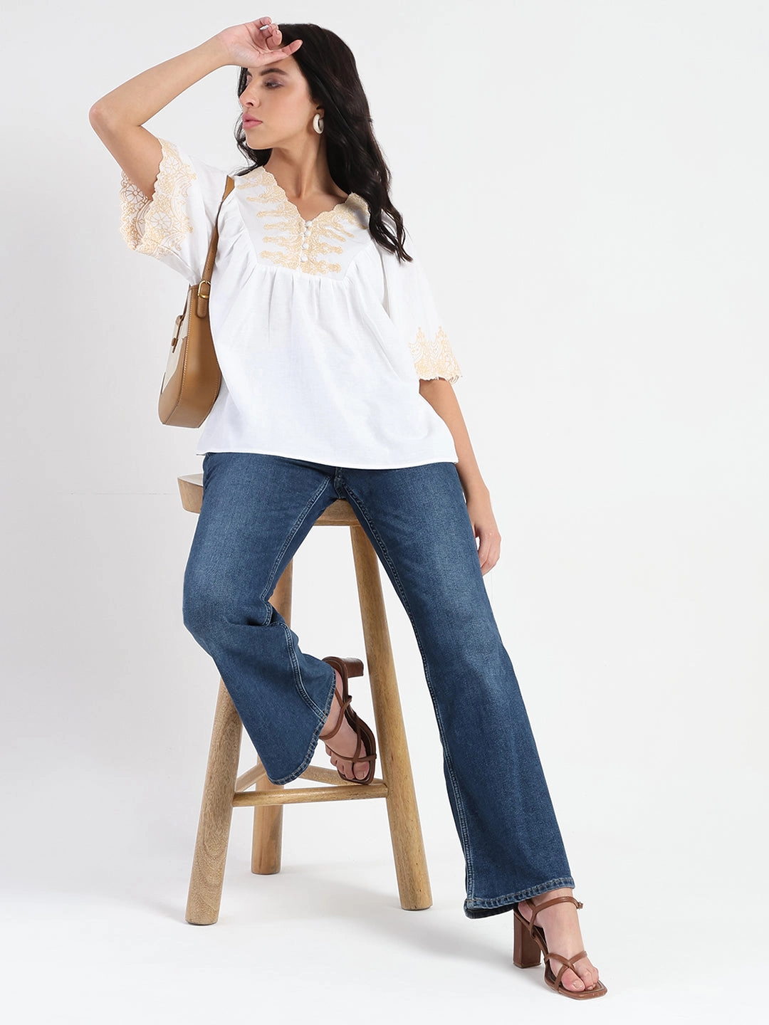 Madame Embroidered Detail Off White Viscose Blend Top AntiPillingTreatment Slim Fit Design