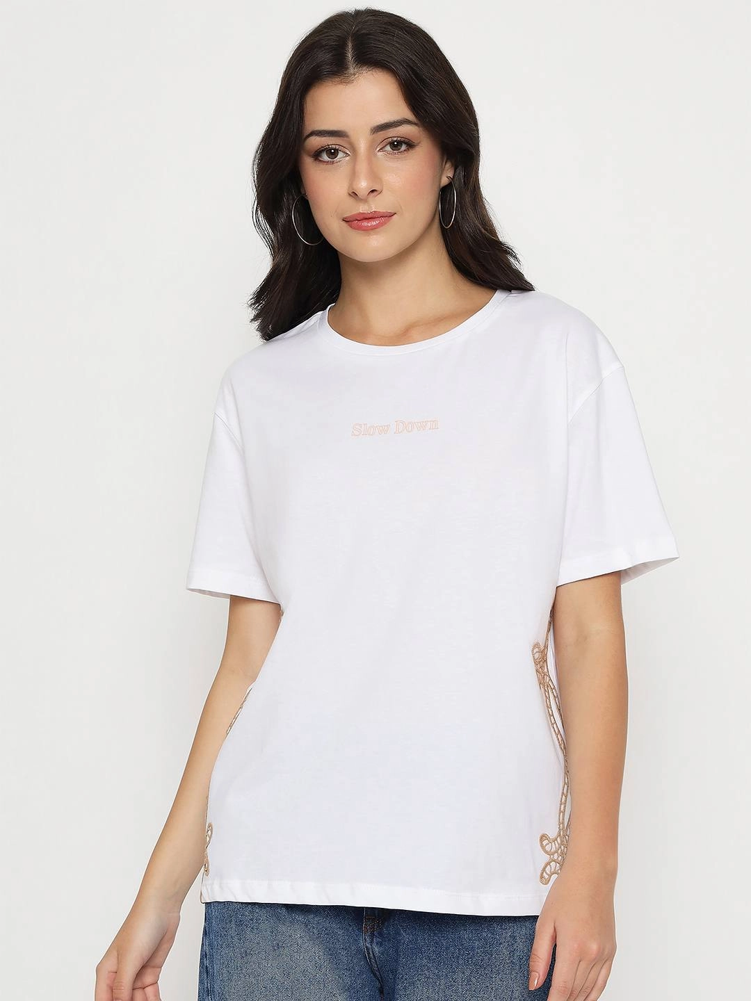 V neck style Madame Embroidered Half Sleeve White Cotton T-shirt