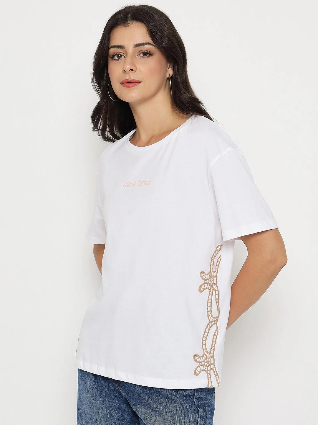 Madame Embroidered Half Sleeve White Cotton T-shirt Eco Friendly Dyes