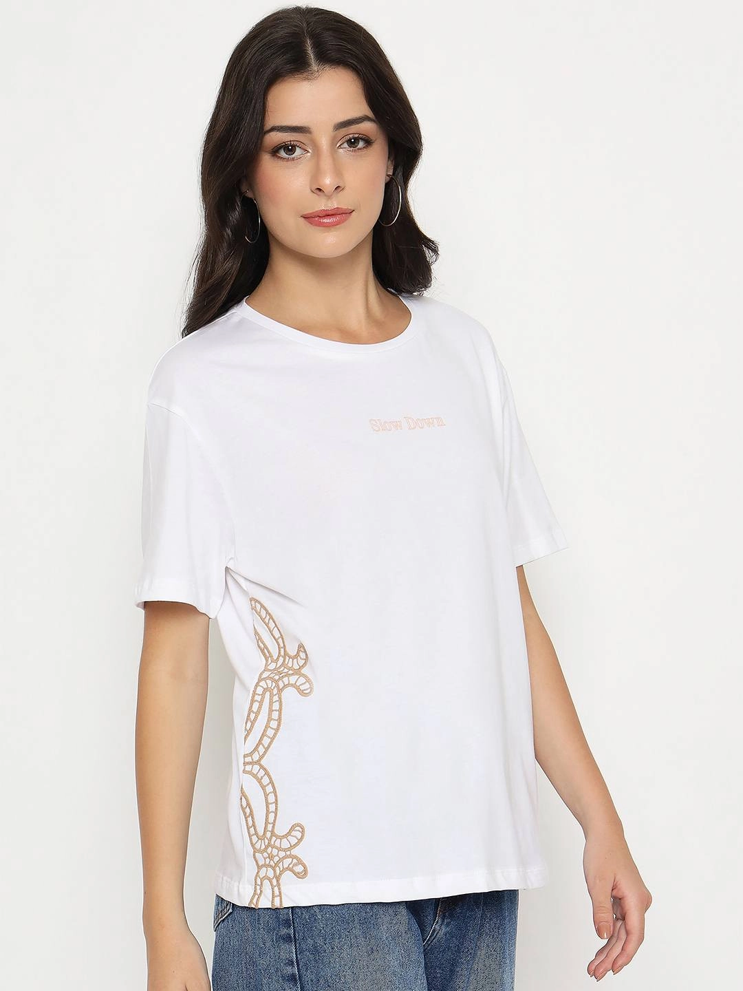 Madame Embroidered Half Sleeve White Cotton T-shirt Quick Dry Performance