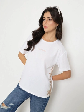 Madame Embroidered Half Sleeve White Cotton T-shirt Airflow Mesh Panels Timeless Design