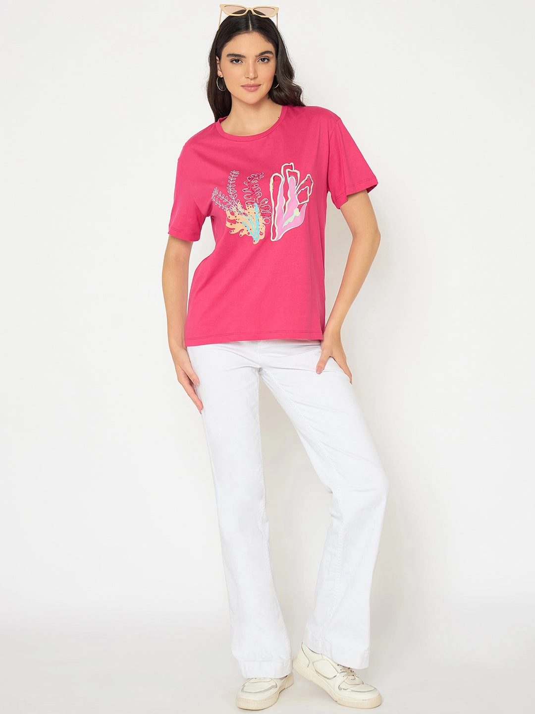 Madame Embroidered Hot Pink Cotton T-shirt Retro Style Soft Touch Fit